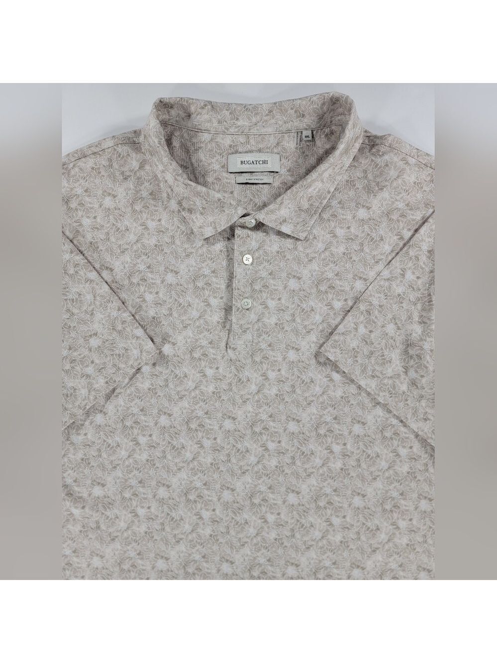 Bugatchi 8 Way Stretch Polo Shirt Men's 3XL Floral Print Beige Sand Cotton Blend